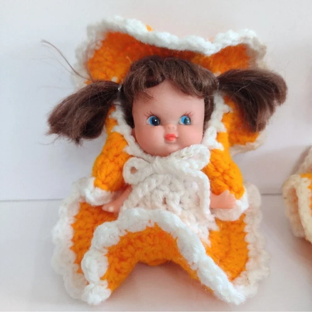 Vintage Mid Century Set Of Bed Pillow Sitter Dolls Orange Crocheted Dresses